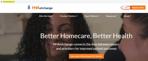 At top right, the Login link displays to the right of the Request a Demo button on the HHAeXchange homepage.